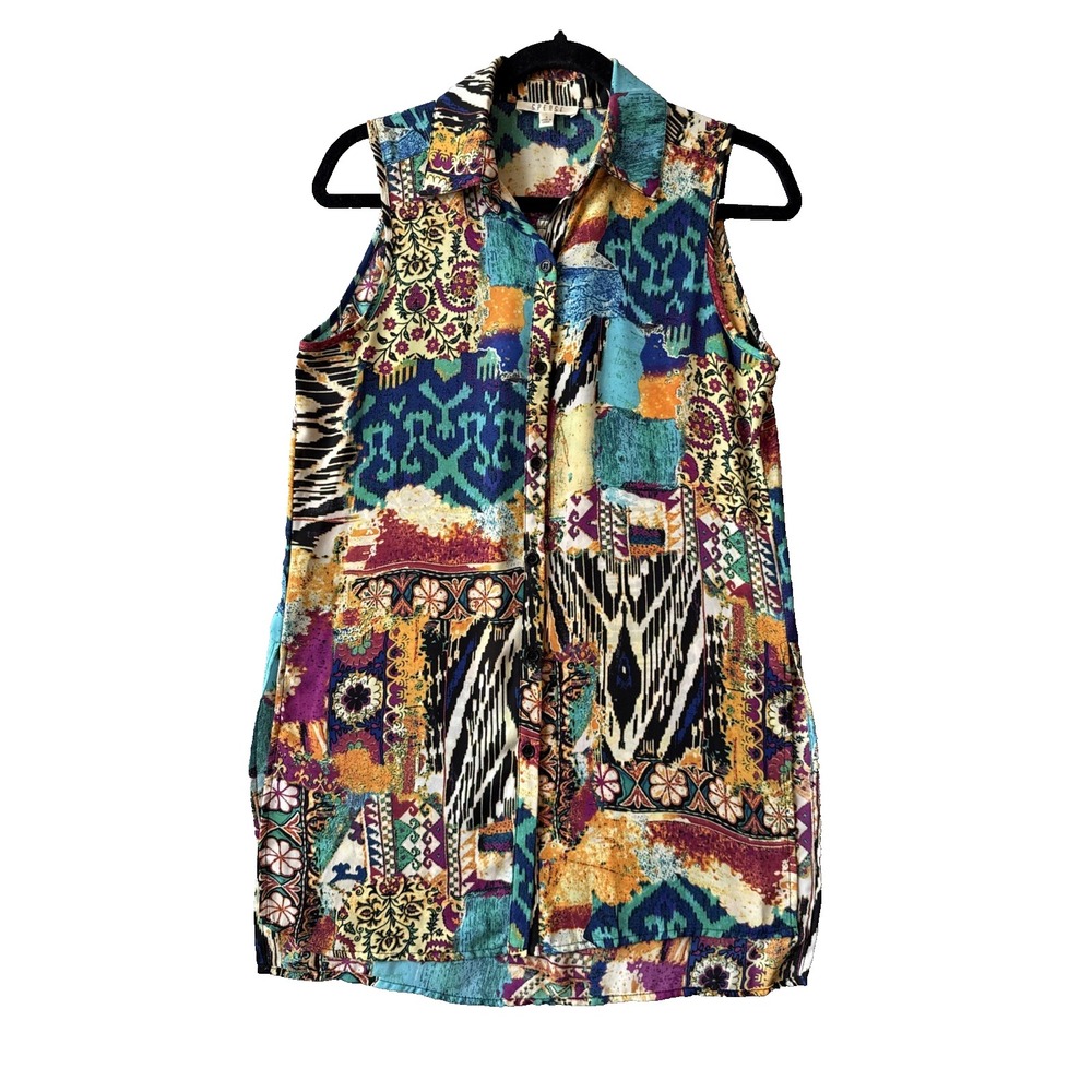 Spense Sleeveless Tunic Blouse S Patchworl Mixed Print Artsy Boho Resort 90s